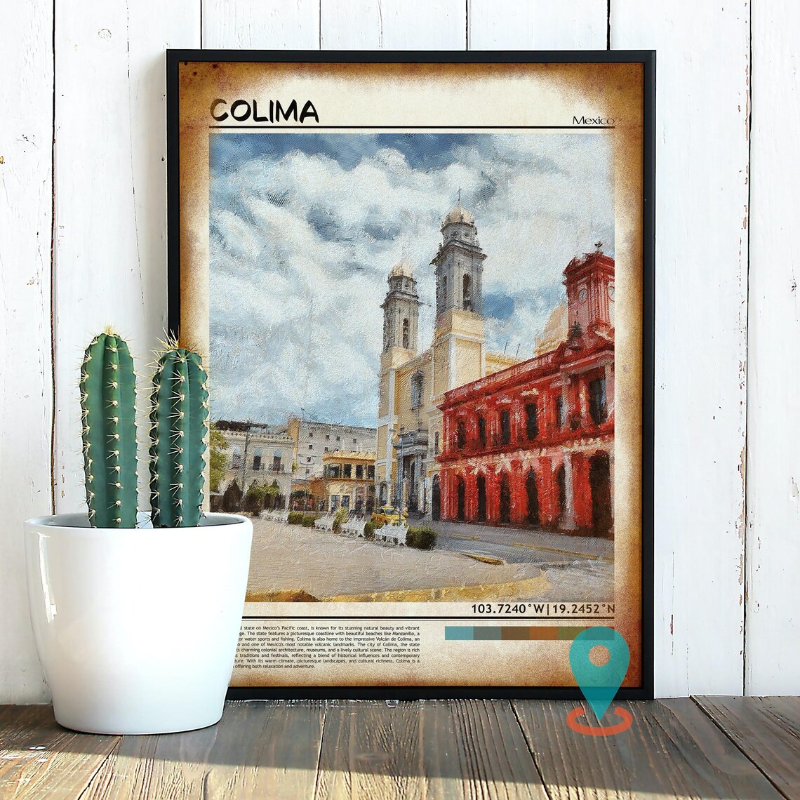 Colima Mexico Cathedral Colonial Plaza Painted Travel Poster - Image 2