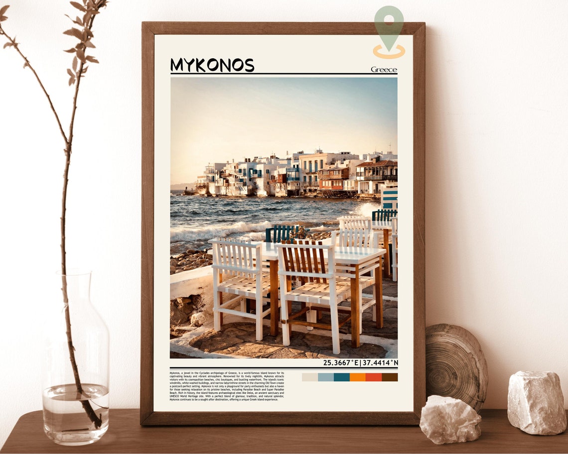 Mykonos Greece Waterfront White Chairs Seaside Sunset Poster