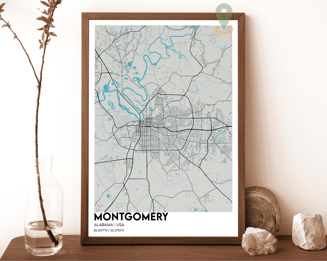 Montgomery Alabama crimson red with cream streets Street Map Coordinates Poster - Image 2