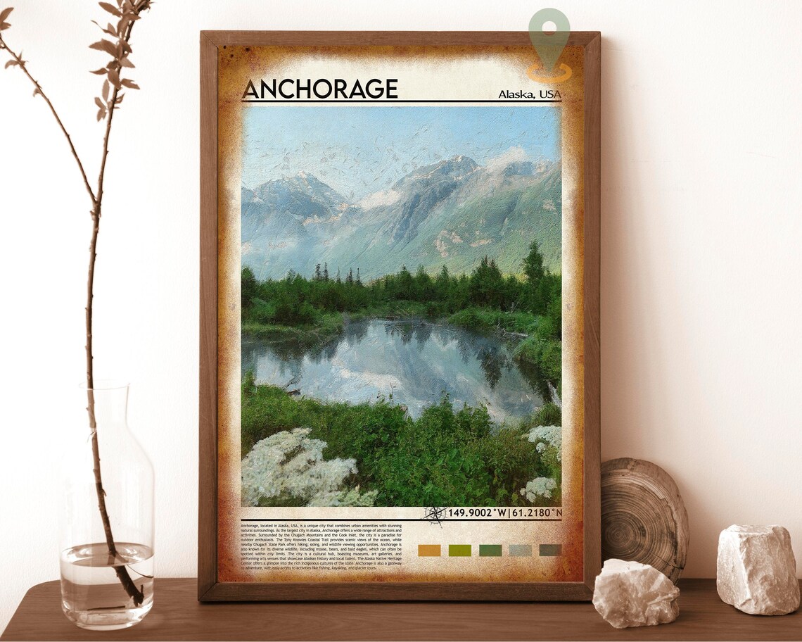 Anchorage Alaska Mountain Lake Reflection Painting Travel Poster - Image 6
