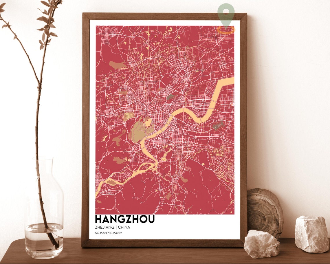 Hangzhou China Modern City Map Teal Orange Minimalist Poster - Image 4