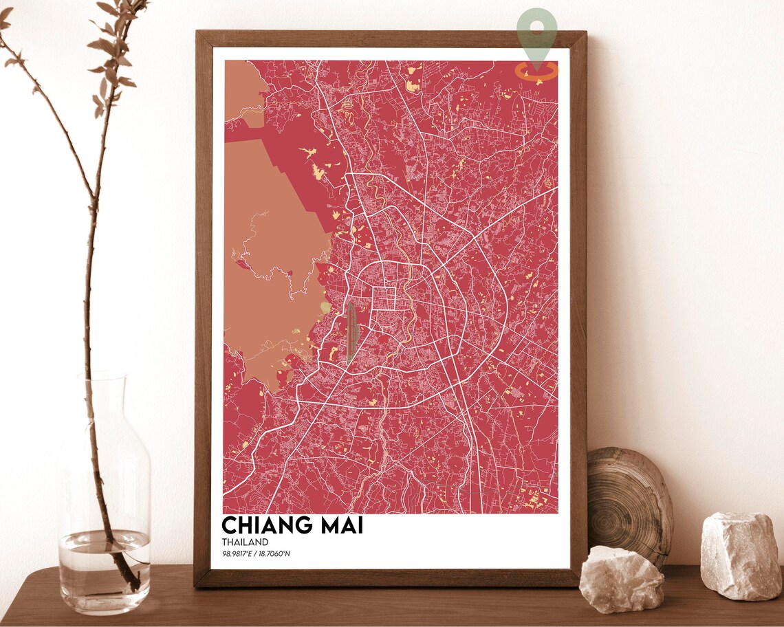 Chiang Mai Thailand City Street Map Red Modern Art Print for Thai Travel Lovers