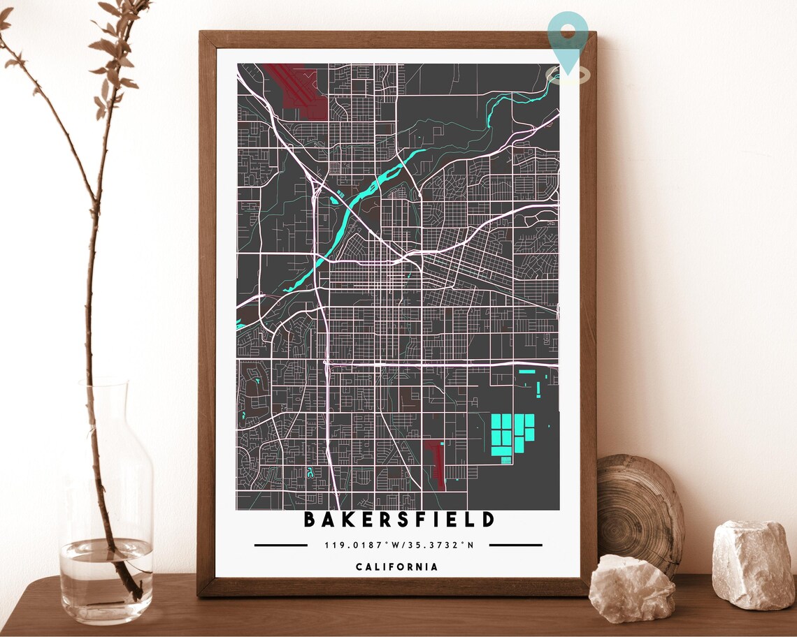 Bakersfield California charcoal with orange highlights Street Map Coordinates Poster - Image 3
