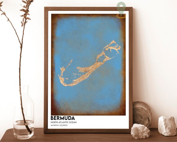 Bermuda North Atlantic Ocean Bold Vintage Blue Island Map Poster
