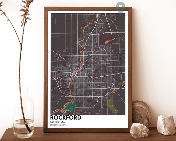 Rockford Illinois Dark Charcoal Street Grid Map Home Decor Poster