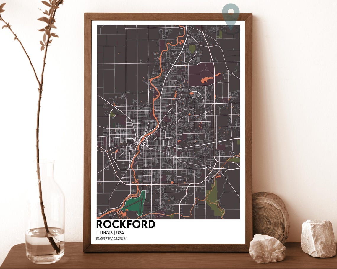 Rockford Illinois Dark Charcoal Street Grid Map Home Decor Poster