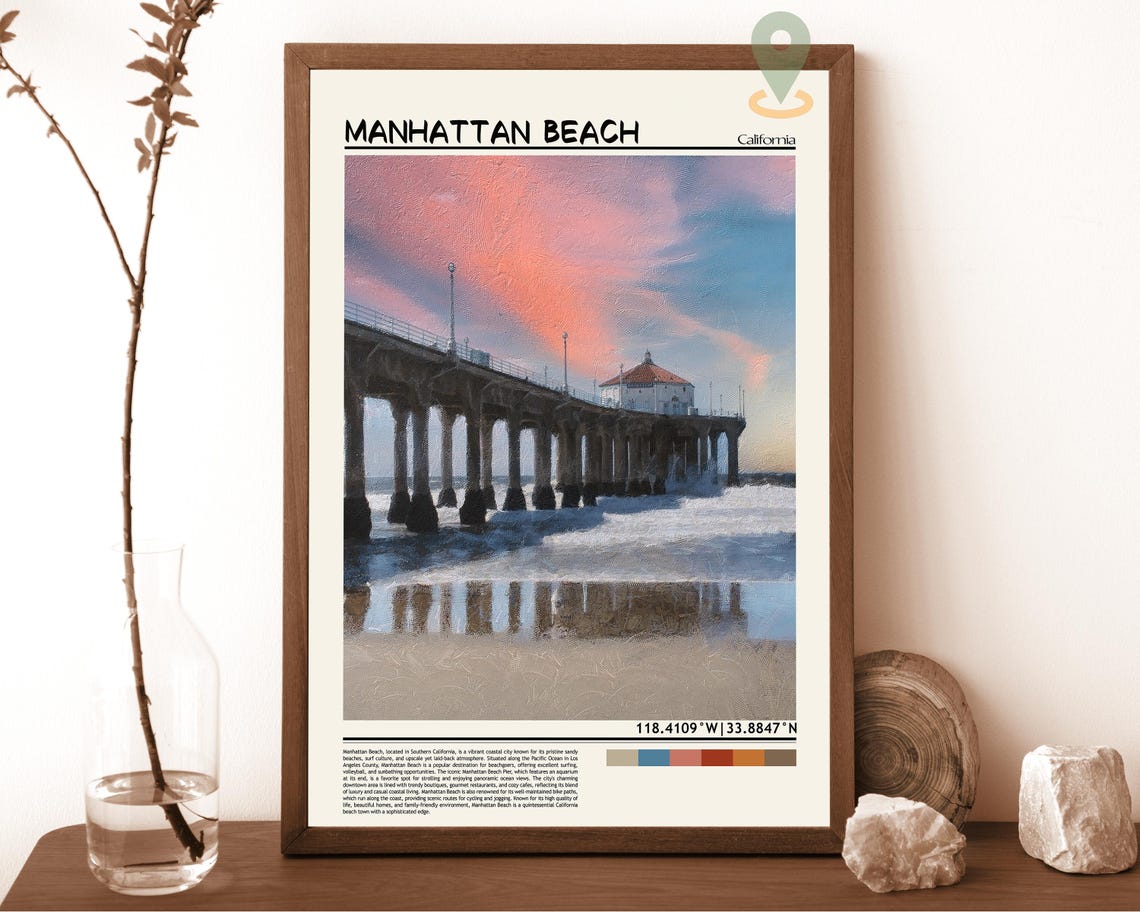 Manhattan Beach California Sunset Pier Painterly Beach Art Poster