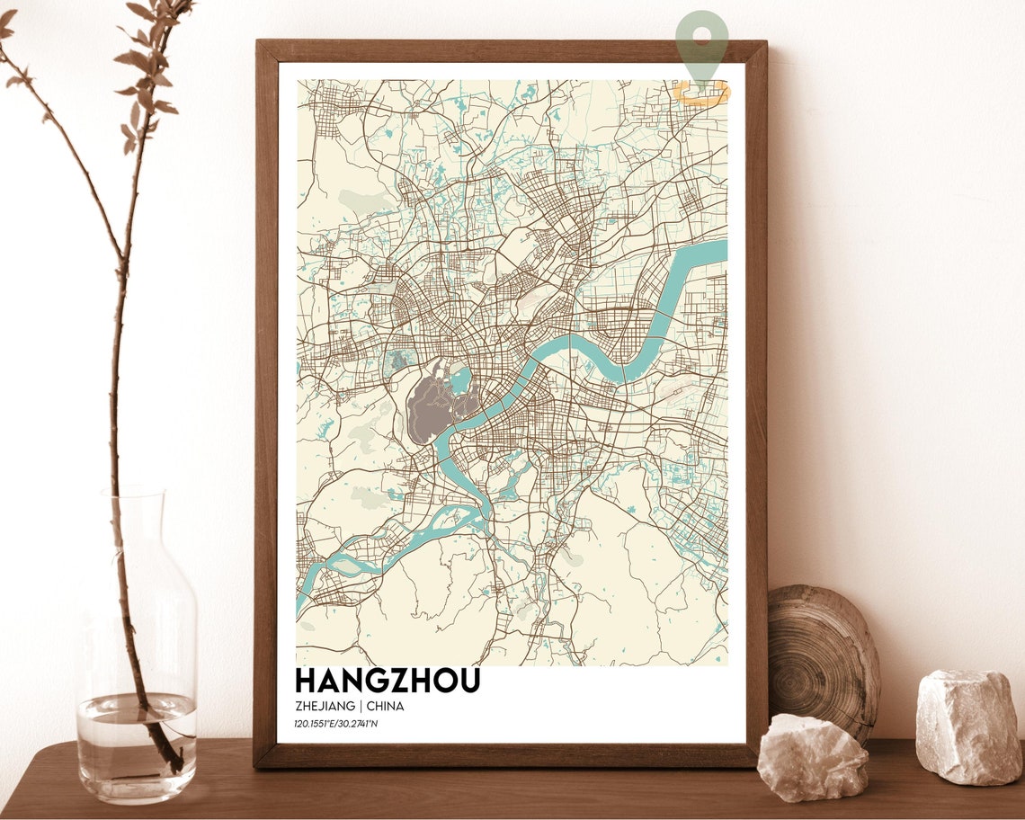 Hangzhou China Modern City Map Teal Orange Minimalist Poster - Image 5