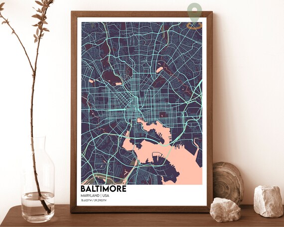 Baltimore Maryland City Map Night Purple Cyan Street Grid Poster