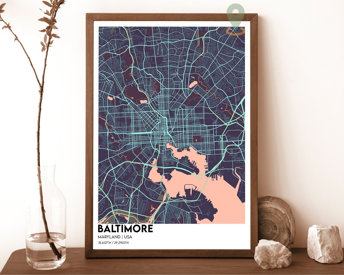 Baltimore Maryland City Map Night Purple Cyan Street Grid Poster