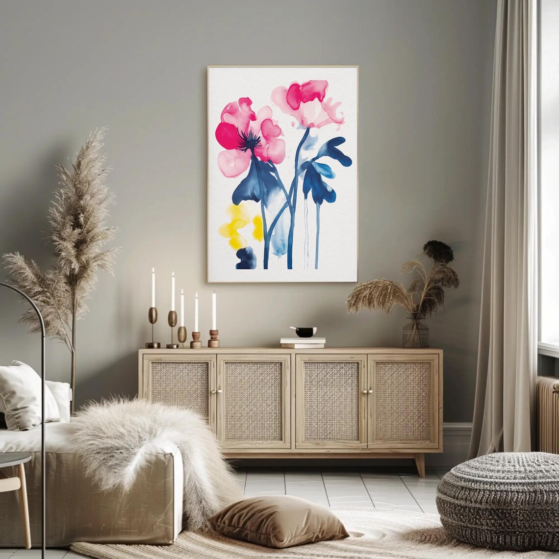 Pink Poppies Watercolor with Blue Stems Botanical Art Poster - Image 2