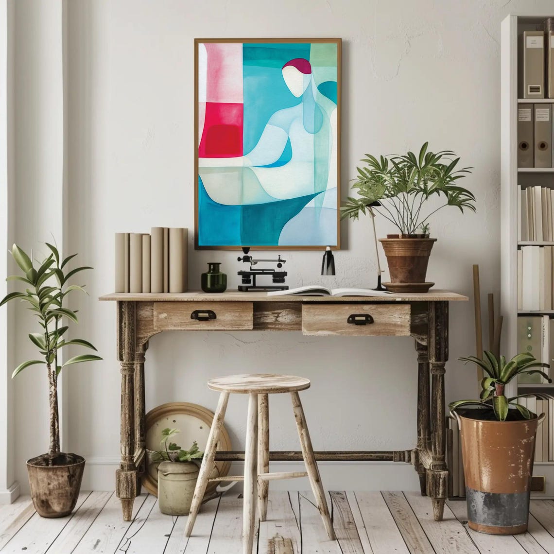Abstract Cubist Man in Blue Pink Red Geometric Blocks Modern Poster - Image 2