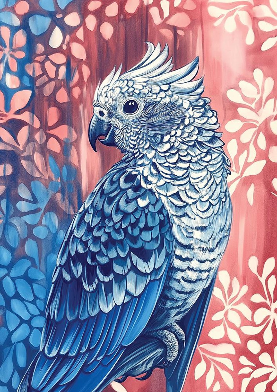 Australian Cockatoo with Vivid Blue Feathers on Red Foliage Poster - Image 2