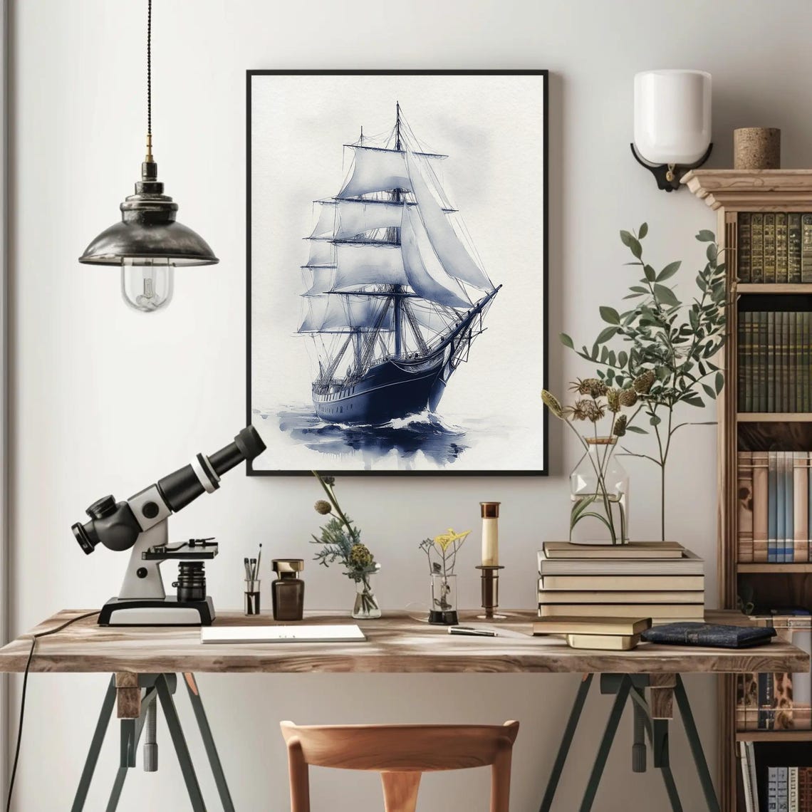 Tall Ship with White Sails in Blue Ink Watercolor Seascape Poster