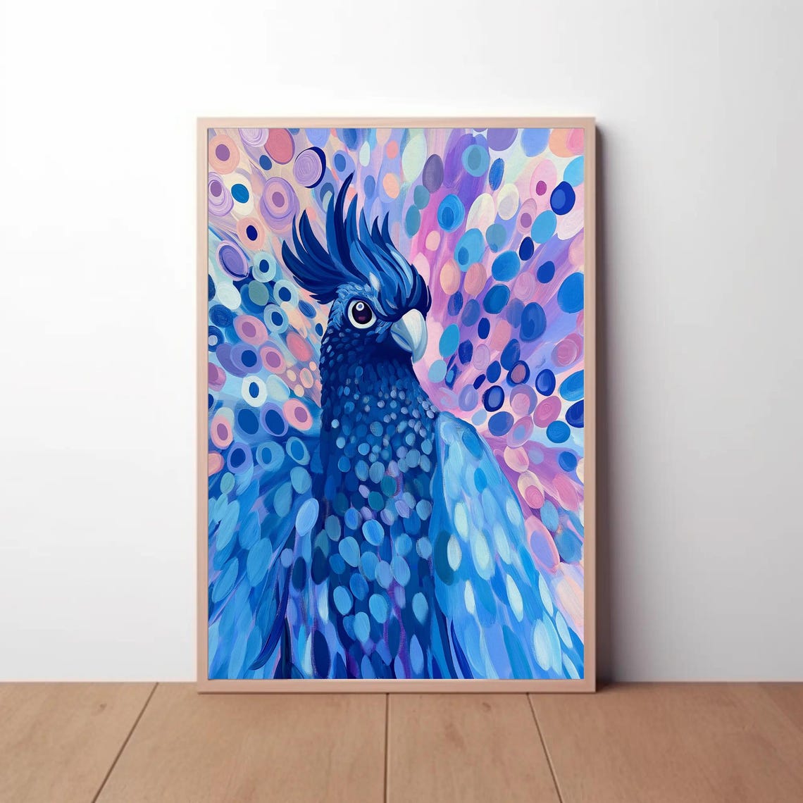 Blue Cockatoo Portrait Against Purple Bubble Pattern Art Poster - Image 2