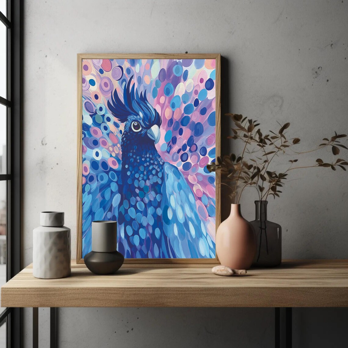 Blue Cockatoo Portrait Against Purple Bubble Pattern Art Poster