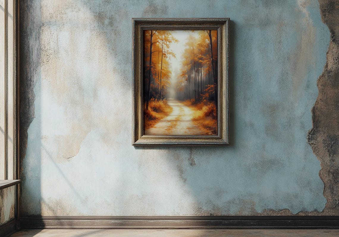 Golden Autumn Forest Path Between Towering Trees In Soft Mist Poster