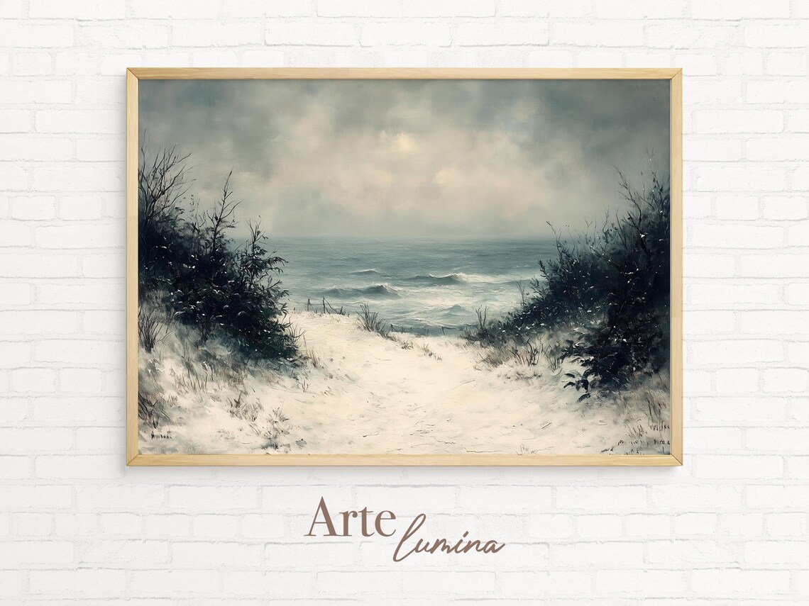 Snowy Beach Path Moody Winter Ocean Seascape Painting Poster