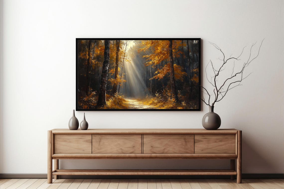 Sunbeams Through Autumn Forest Path Golden Fall Landscape Oil Poster - Image 7