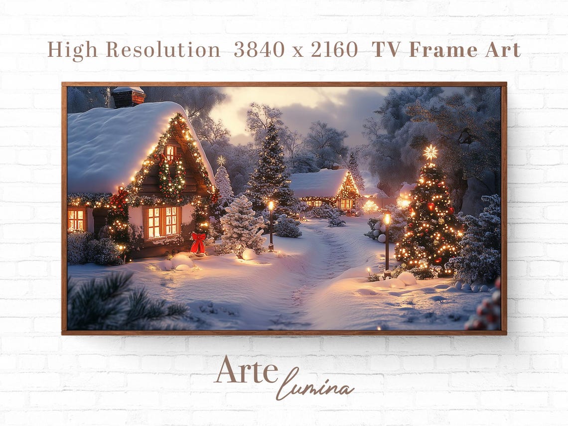 Snow Covered Christmas Cabin With Lights In Glowing Village Poster