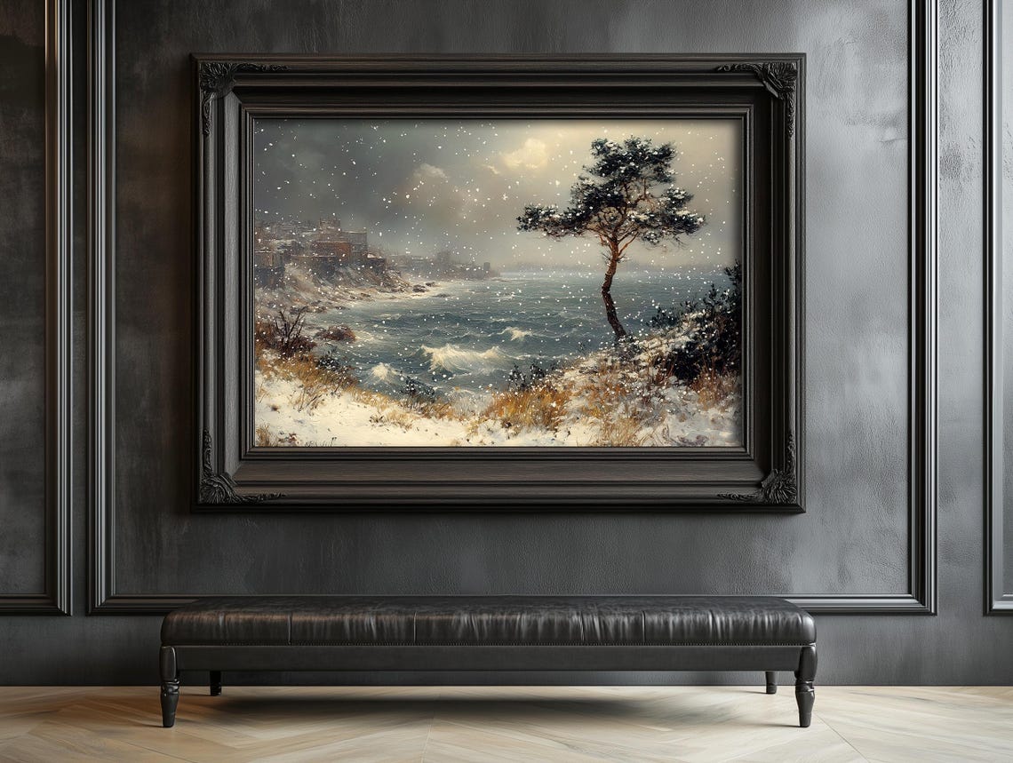 Snowy Seaside Pine Tree Winter Seascape Vintage Style Poster - Image 5