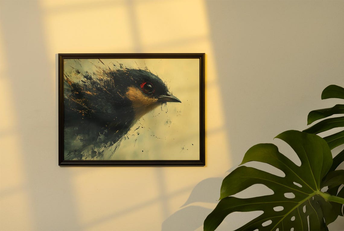 Expressive Abstract Bird Head in Ink Black Modern Art Poster