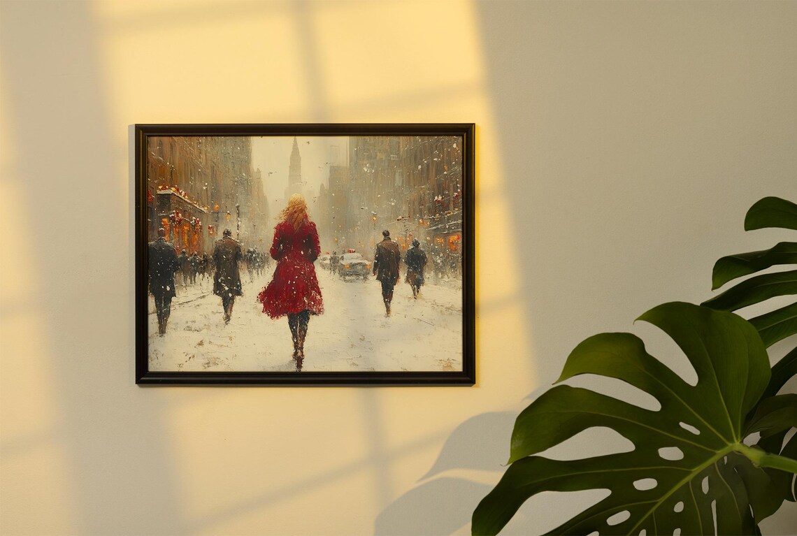 Striking Woman in a Red Coat on a Snowy City Street Art Poster - Image 2