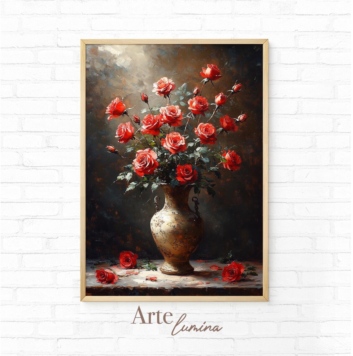 Moody Scarlet Red Roses in an Antique Gold Vase Still Life Poster
