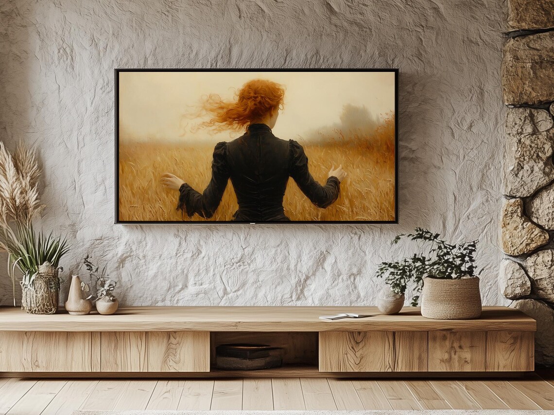 Red Haired Woman In Black Dress Walking Through Wheat Field Art Poster - Image 3