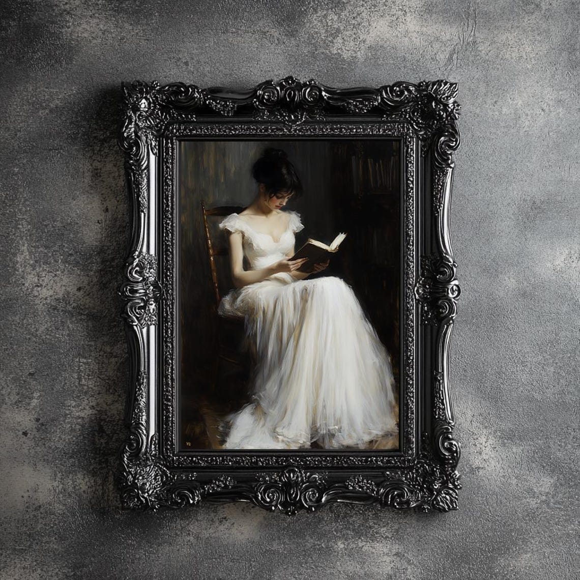 Graceful Woman Reading a Book in a Flowing White Gown Art Poster - Image 2