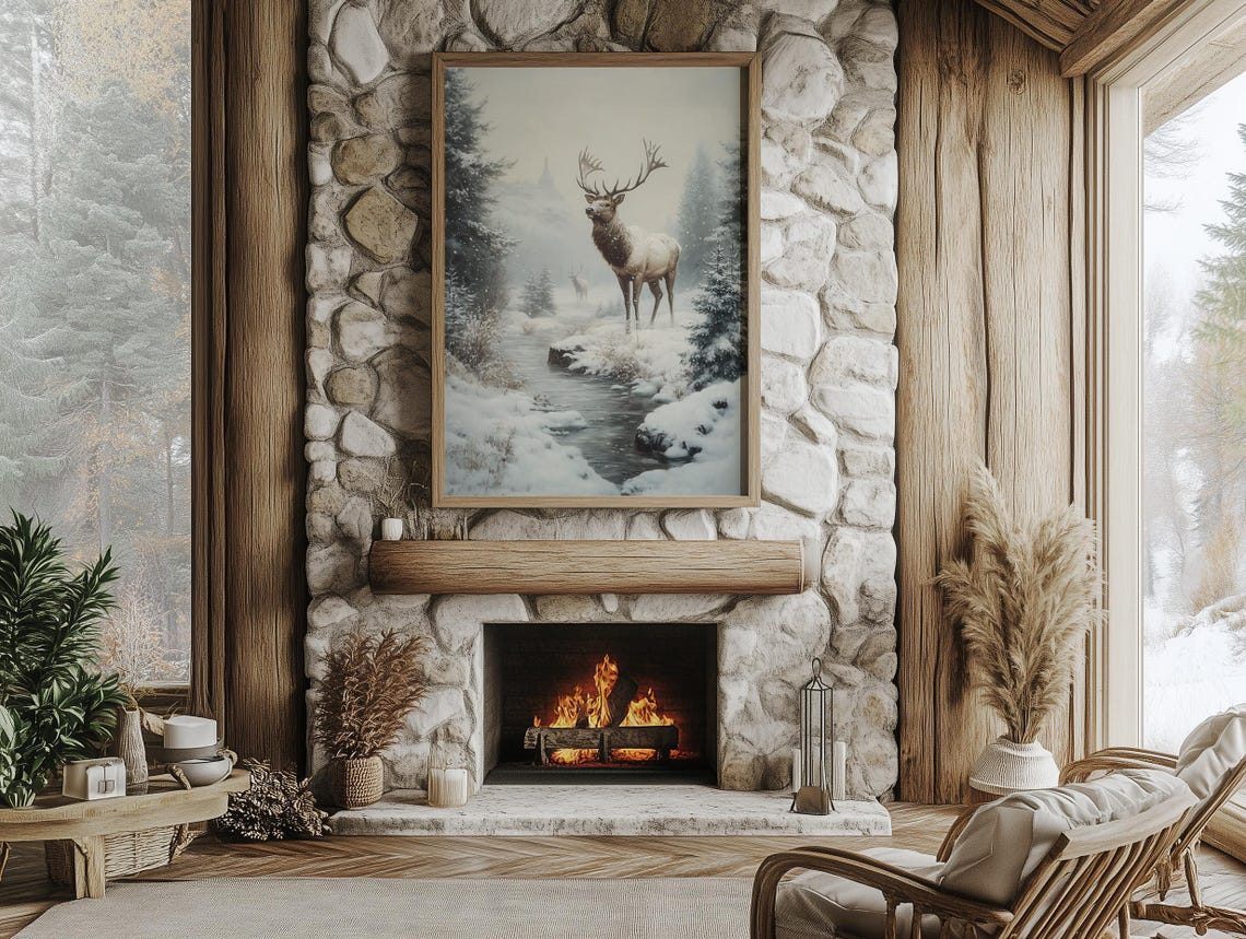 Majestic Elk by a Snowy Creek Among Sunlit Winter Pines Poster - Image 4