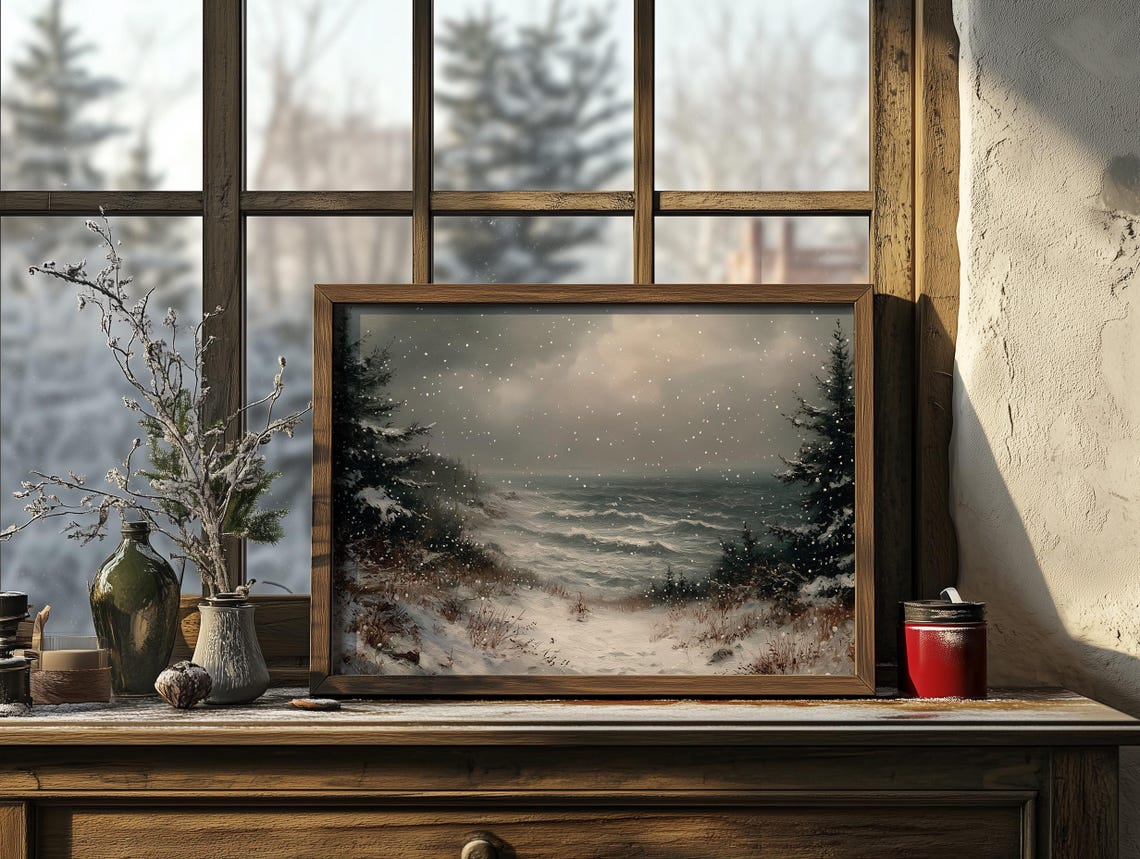 Snowy Seascape with Pines and Rolling Waves Winter Art Poster - Image 3