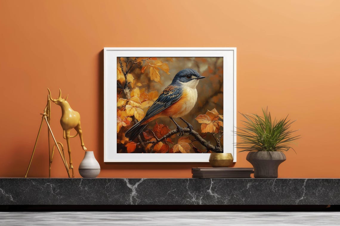 Songbird Portrait With Blue Gray Plumage And Orange Breast Fall Poster - Image 2