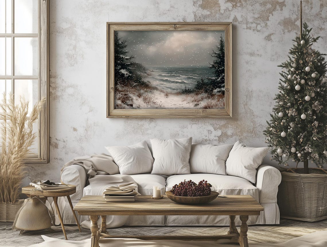 Snowy Seascape with Pines and Rolling Waves Winter Art Poster - Image 6