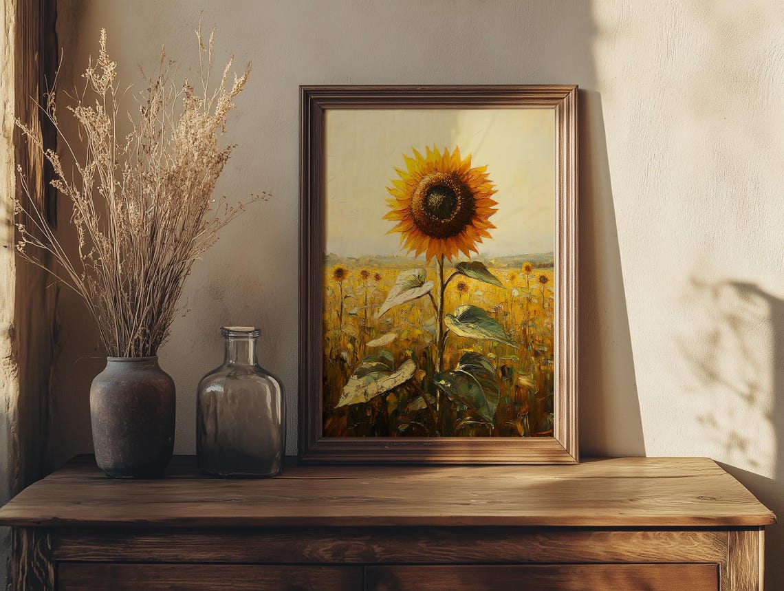 Tall Sunflower Rising Over a Golden Summer Field Painting Poster - Image 2