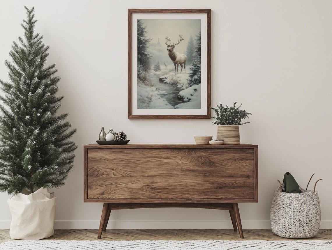 Majestic Elk by a Snowy Creek Among Sunlit Winter Pines Poster - Image 6