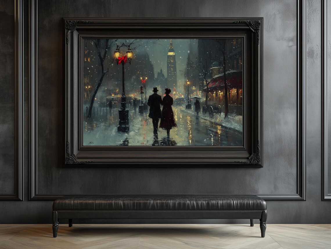Romantic Snowy New York Street at Night Holiday Cityscape Poster - Image 3
