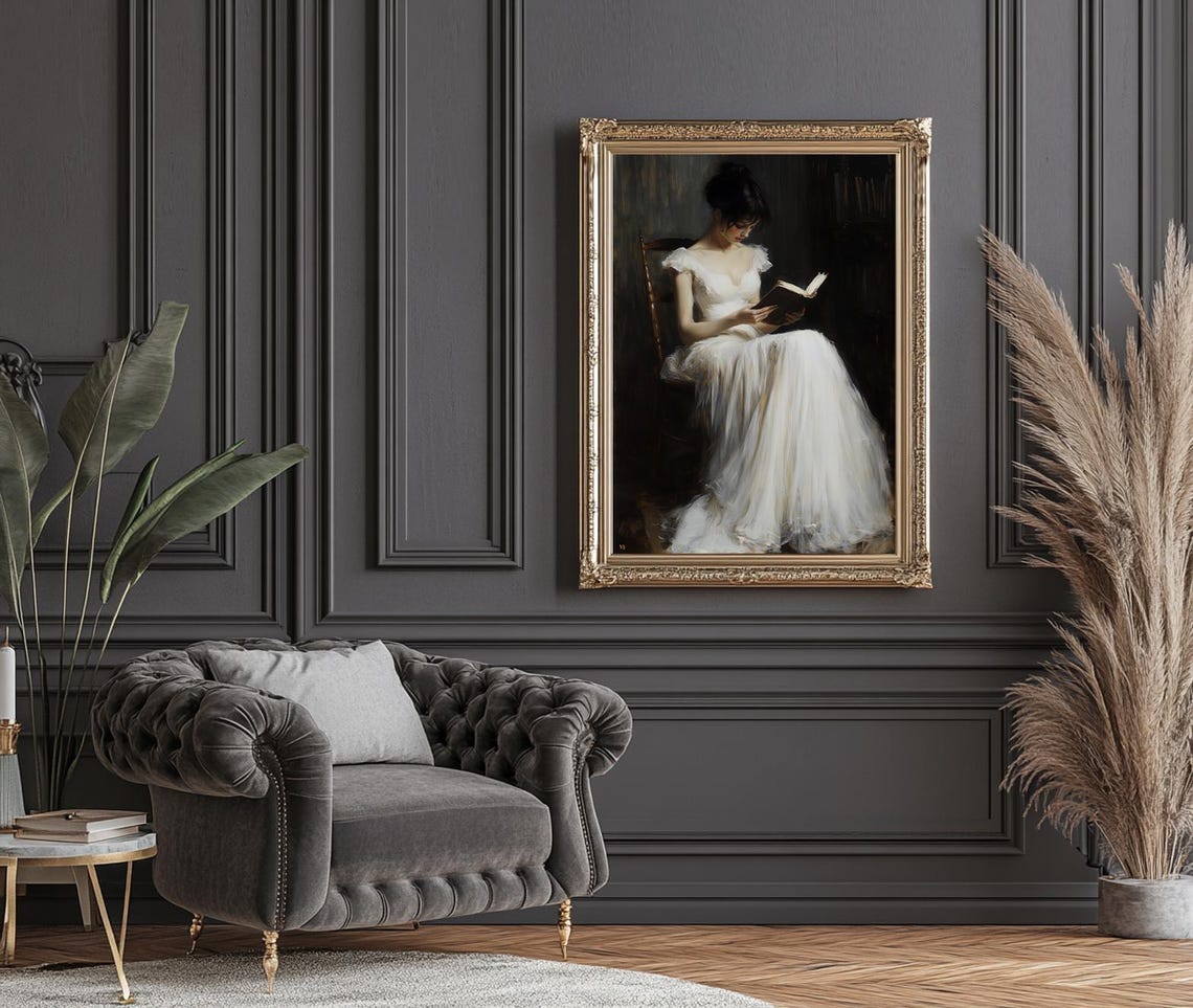 Graceful Woman Reading a Book in a Flowing White Gown Art Poster - Image 6