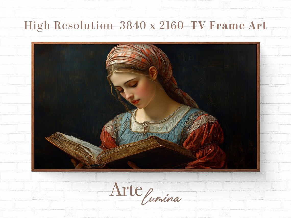 Young Woman Reading Old Book In Headscarf Vintage Portrait Style Poster