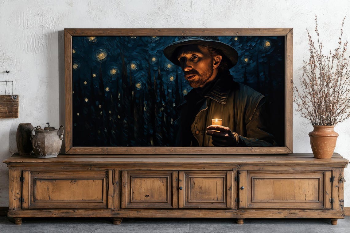 Van Gogh Inspired Starry Night Man With Candle Swirling Sky Art Poster - Image 3