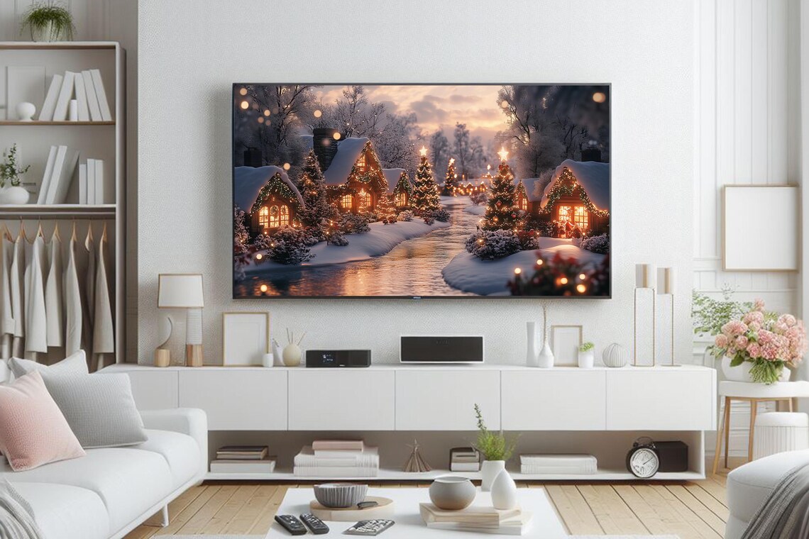 Snowy Christmas Village Cottages Along Frozen Canal At Dusk Art Poster - Image 5