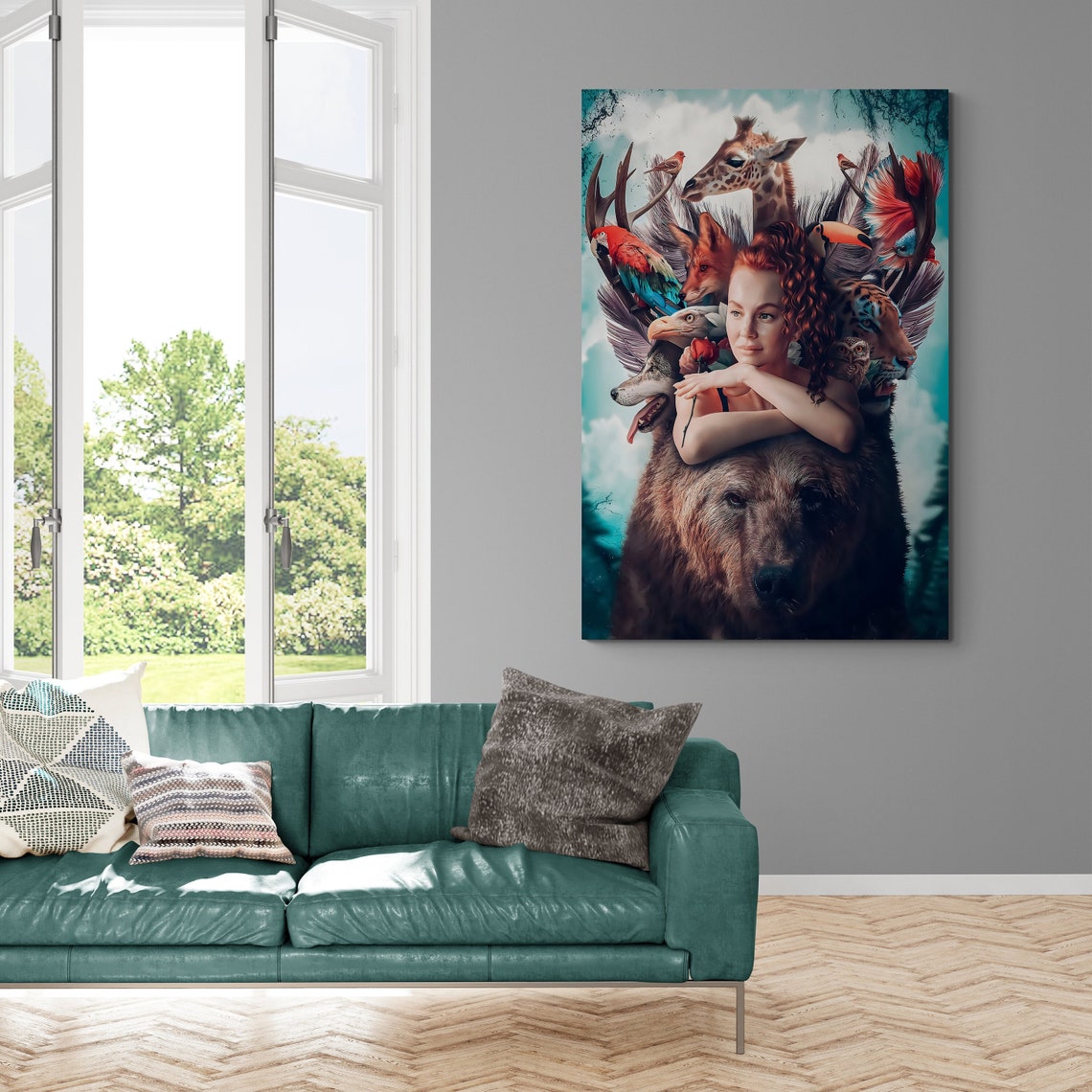 Woman With Fox Lion Giraffe Nature Wildlife Portrait Painting Wall Art - Image 2