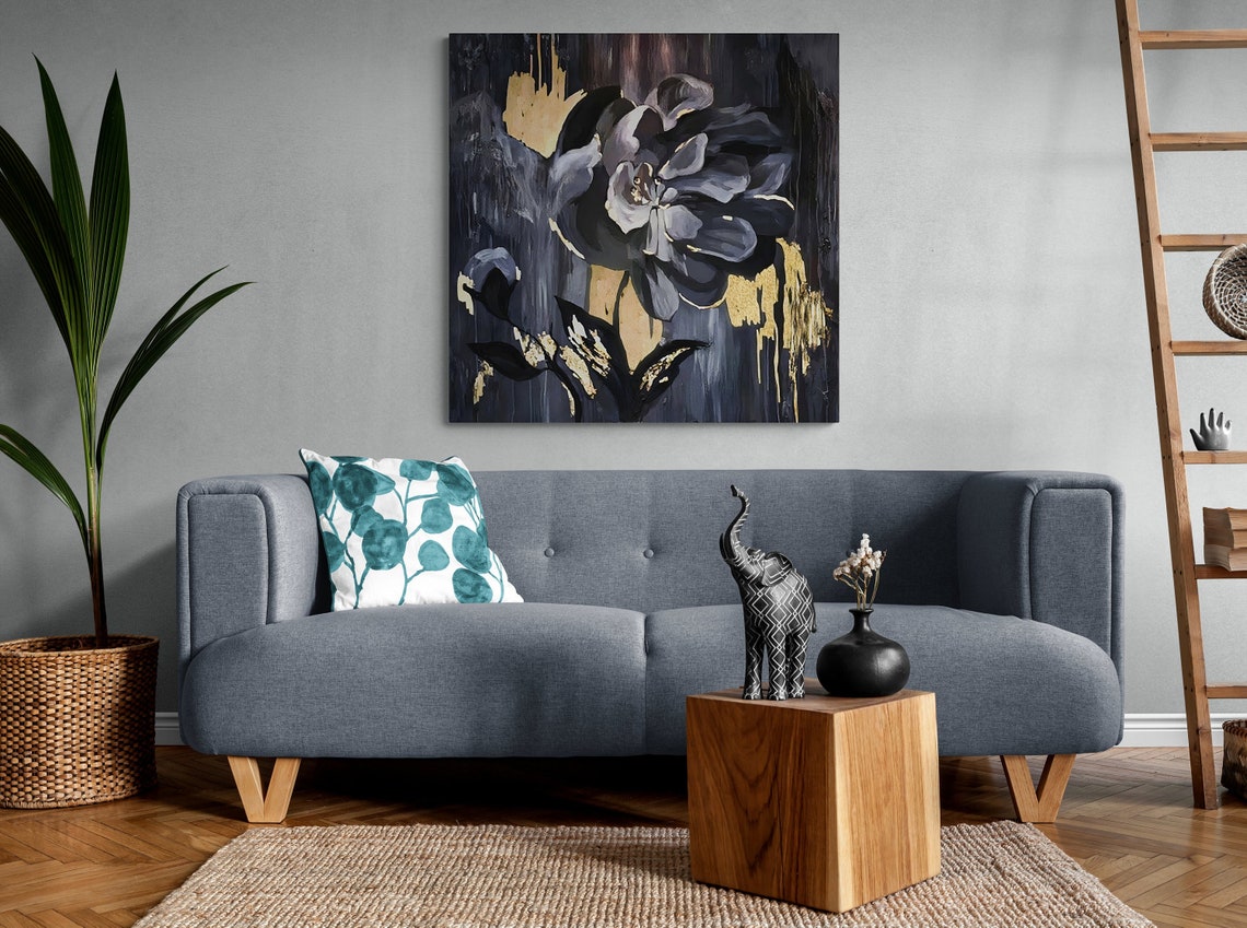 Dark Moody Bloom Gold Accents Dramatic Black Floral Wall Poster - Image 2