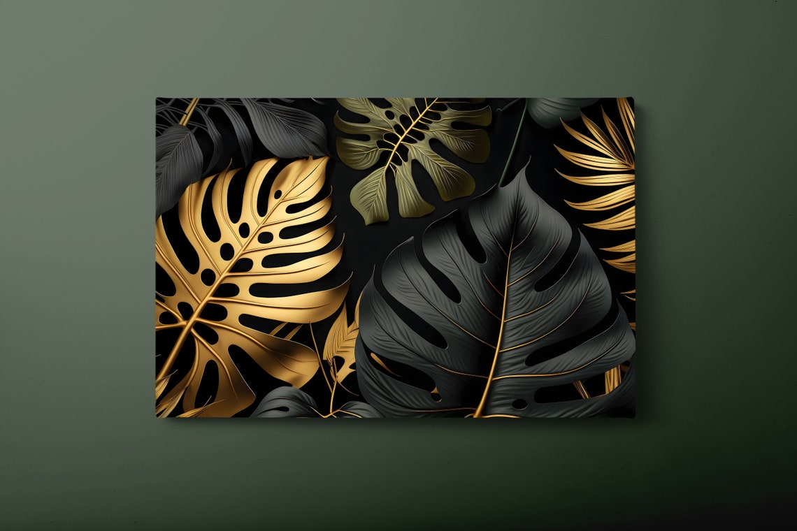 Gold And Black Monstera Leaves On Dark Luxury Botanical Art Poster