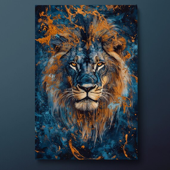 Majestic Abstract Lion Portrait Blue Orange Paint Splash Animal Poster