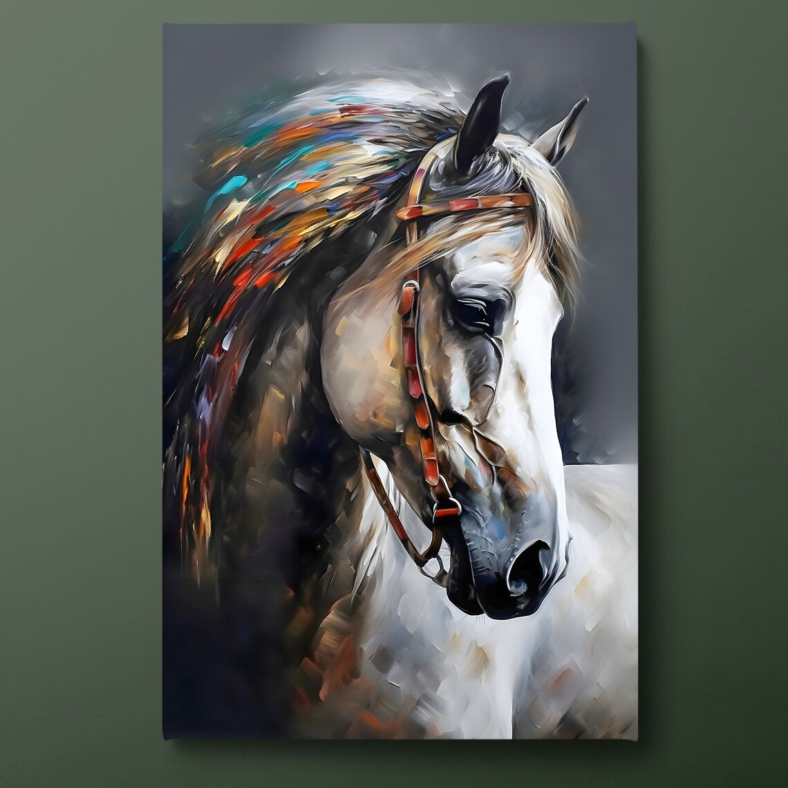 White Horse With Colorful Mane Portrait Bridle Equestrian Art Poster