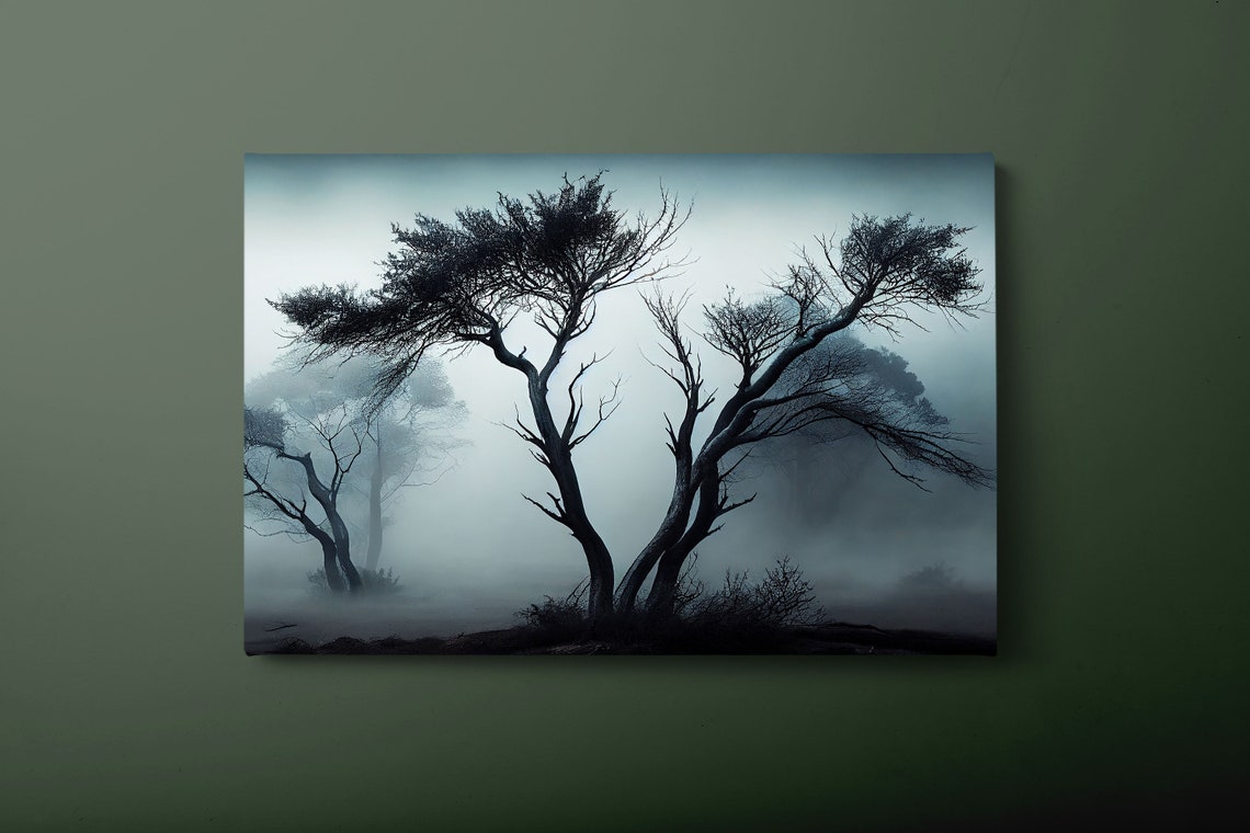 Windswept Leafless Trees In Thick Fog Moody Forest Photo Poster