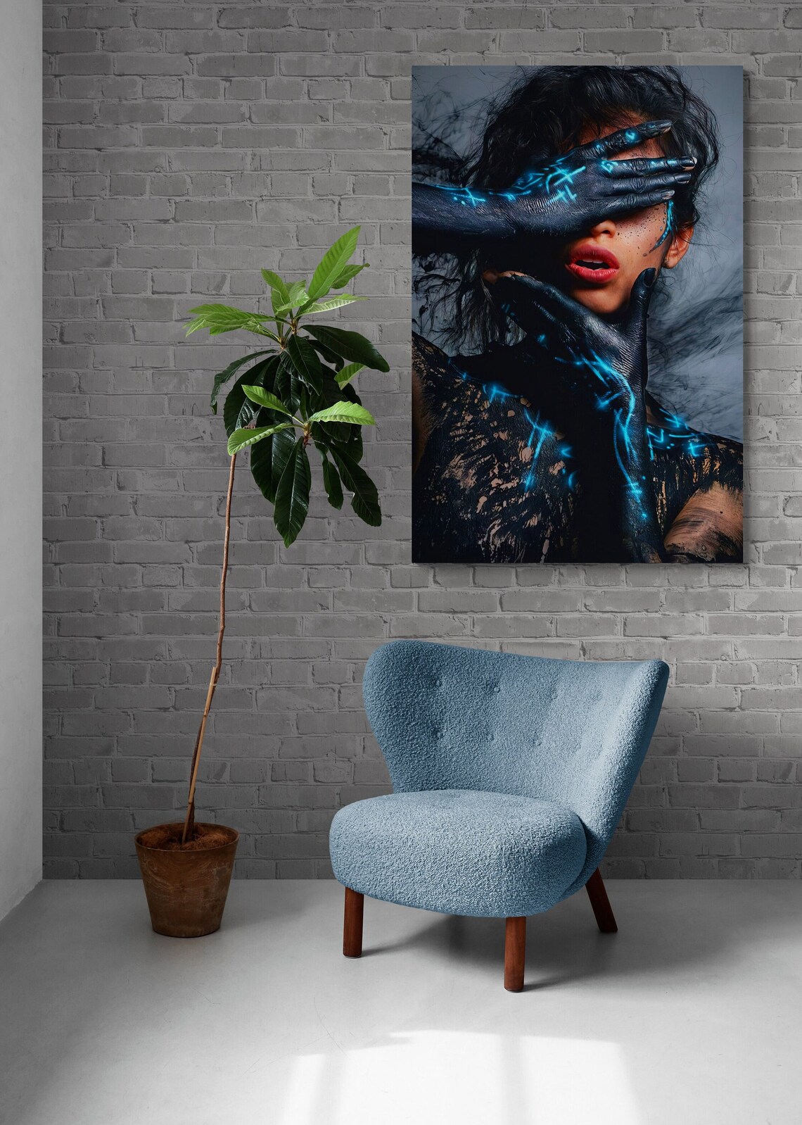 Mystical Woman With Blue Painted Hands Covering Face Smoky Portrait Art - Image 3