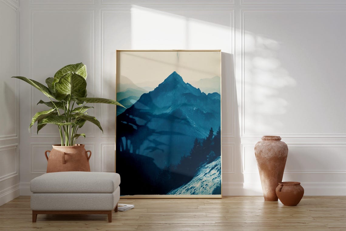 Blue Mountain Rustic Vintage Landscape Art Print - Image 2