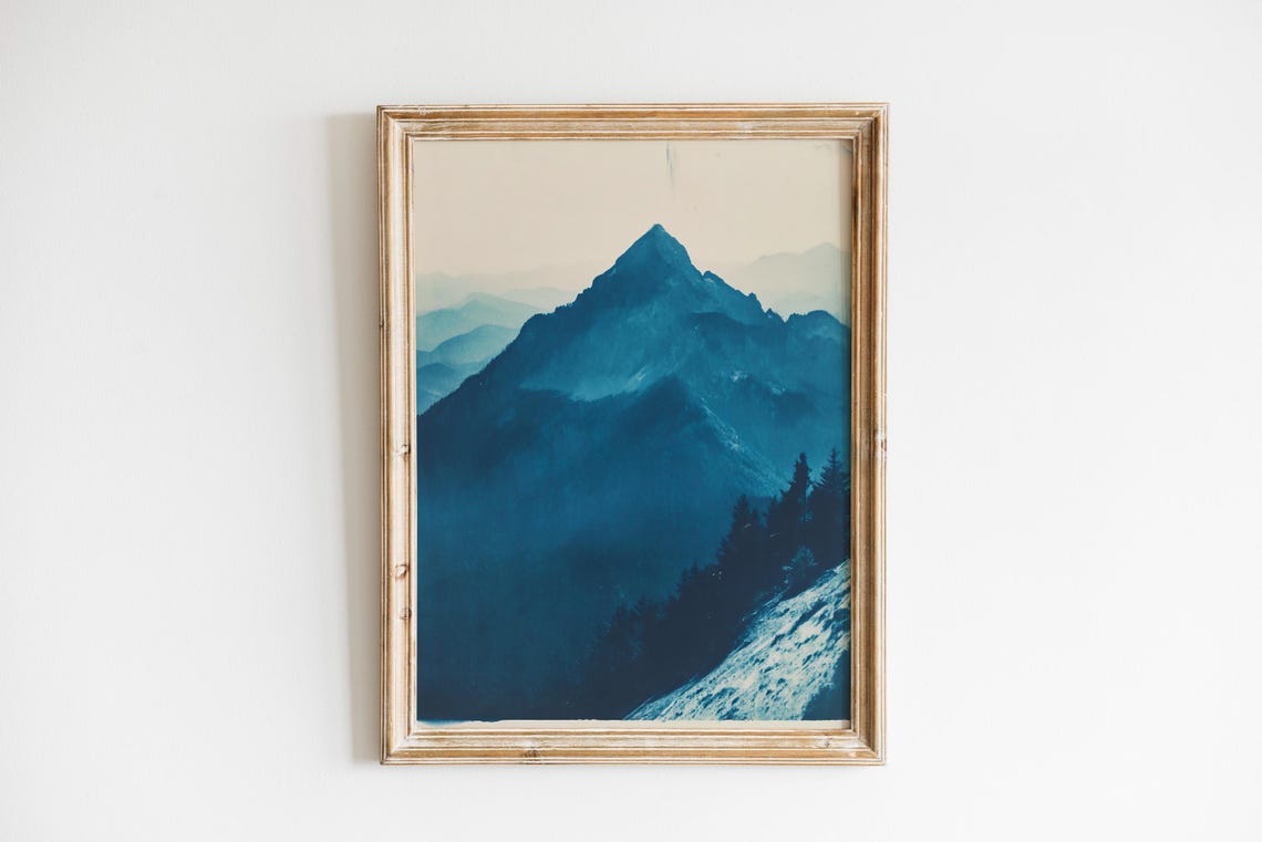 Blue Mountain Rustic Vintage Landscape Art Print - Image 3